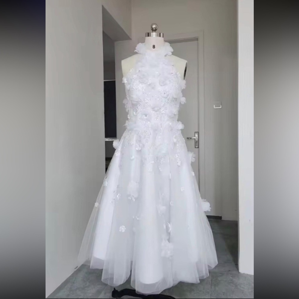 Custom Elegant White Floral Dress with detailed sequins and appliqués